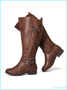 Luoika Faux Leather Wide Calf Knee High Boots Memory Foam